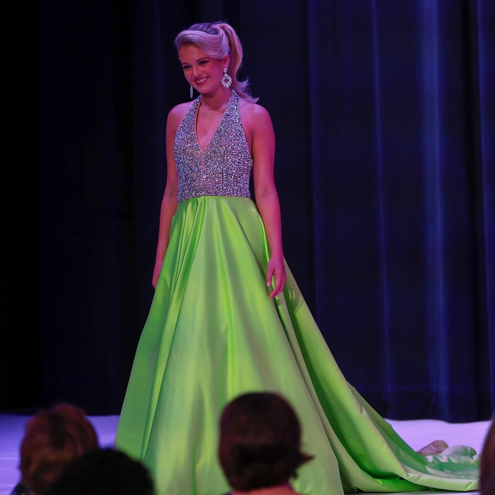 Ashley Lauren green ball gown with train